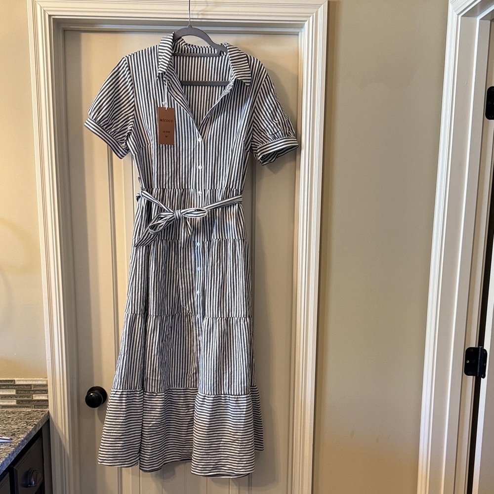 Classic Dark Grey and White Striped Maxi Dress